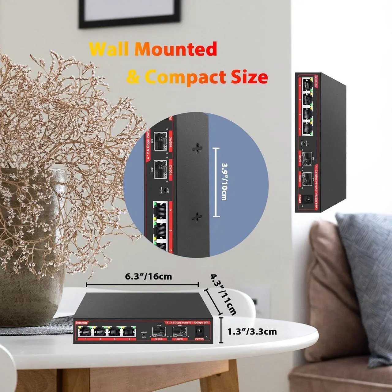 Alt view image 6 of 7 - 6 Port 2.5G Unmanaged Ethernet Switch, 4x2.5G Base-T Ports, 2x10G SFP+ Switch, 60Gbps Bandwidth, One Key VLAN| Plug & Play |Fanless Metal Design, Compatible with 100/1000/2500Mbps