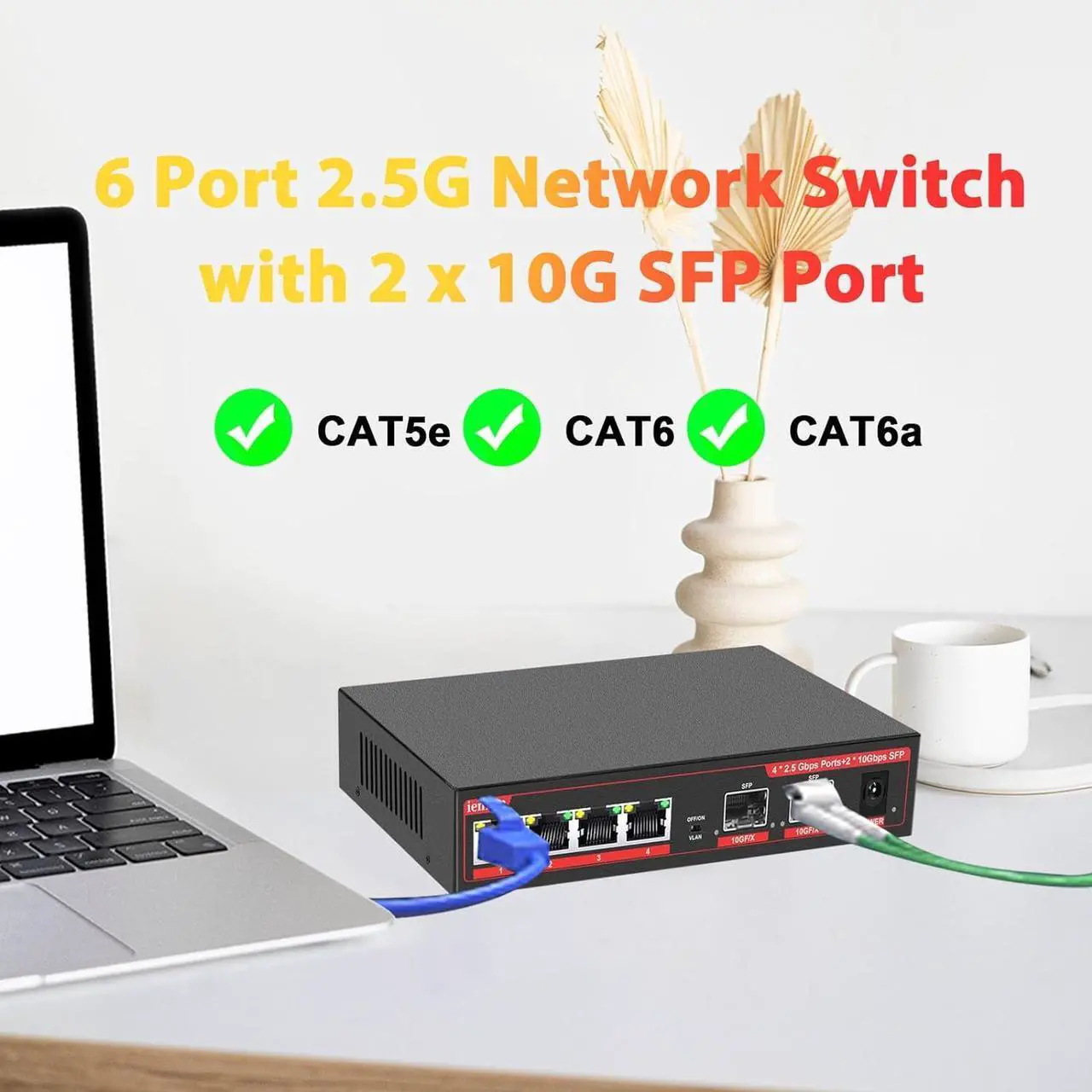 Alt view image 7 of 7 - 6 Port 2.5G Unmanaged Ethernet Switch, 4x2.5G Base-T Ports, 2x10G SFP+ Switch, 60Gbps Bandwidth, One Key VLAN| Plug & Play |Fanless Metal Design, Compatible with 100/1000/2500Mbps