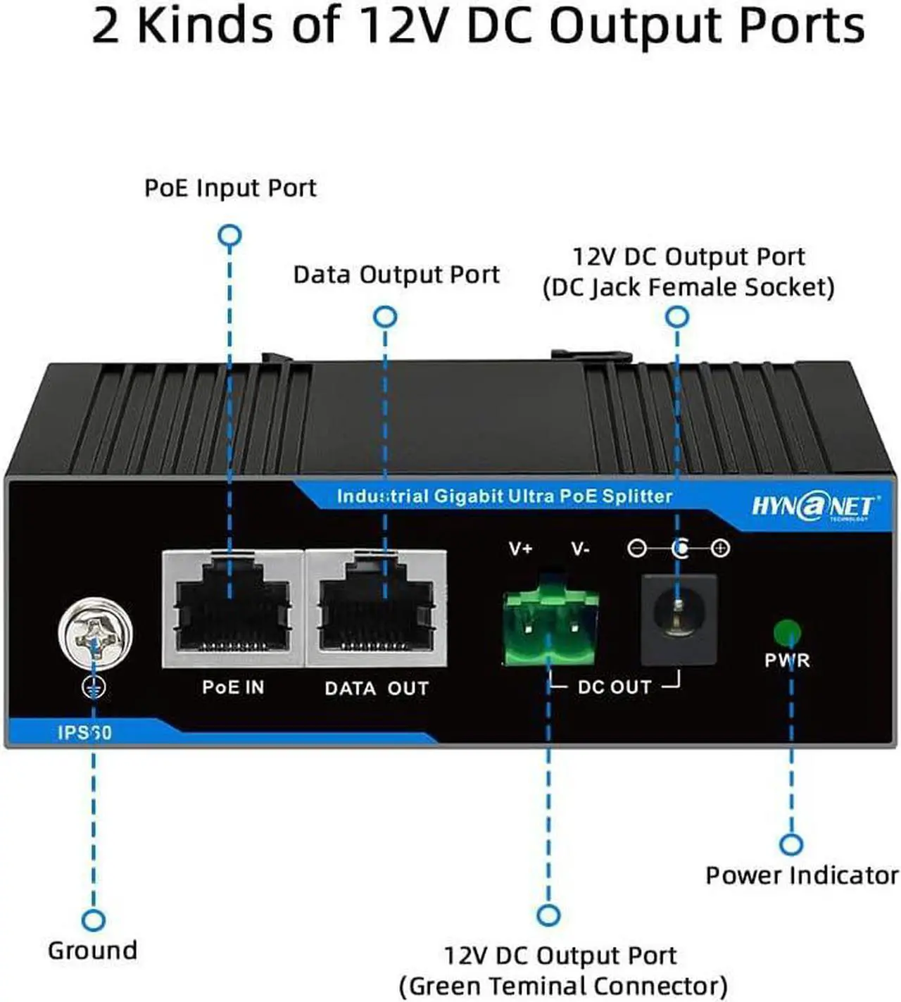 Alt view image 2 of 6 - Industrial Din-Rail 802.3bt 60W Gigabit PoE++ Splitter to 12V/4.25A Power Adapter for PTZ Cameras,Access Points