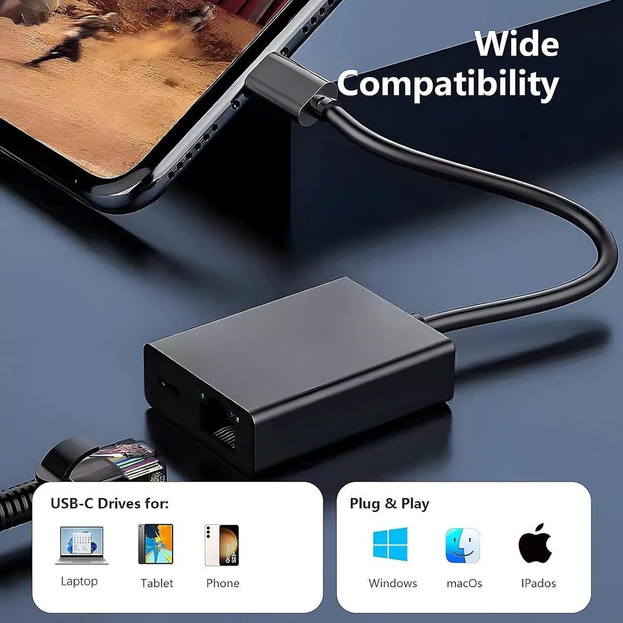 Alt view image 4 of 7 - USB C to Ethernet Adapter with Charging for iPhone 15 Pro/Max, 3.3FT USB-C to RJ45 Ethernet Adapter, Type-C Ethernet LAN Network Adapter Compatible MacBook Pro Air 2018, Samsung, iPad and More