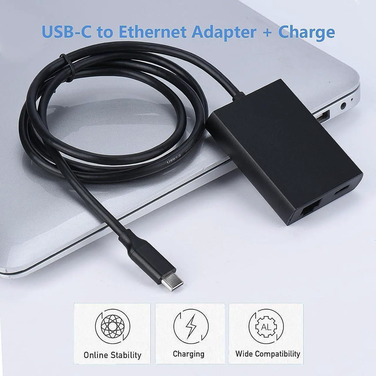 Alt view image 2 of 7 - USB C to Ethernet Adapter with Charging for iPhone 15 Pro/Max, 3.3FT USB-C to RJ45 Ethernet Adapter, Type-C Ethernet LAN Network Adapter Compatible MacBook Pro Air 2018, Samsung, iPad and More