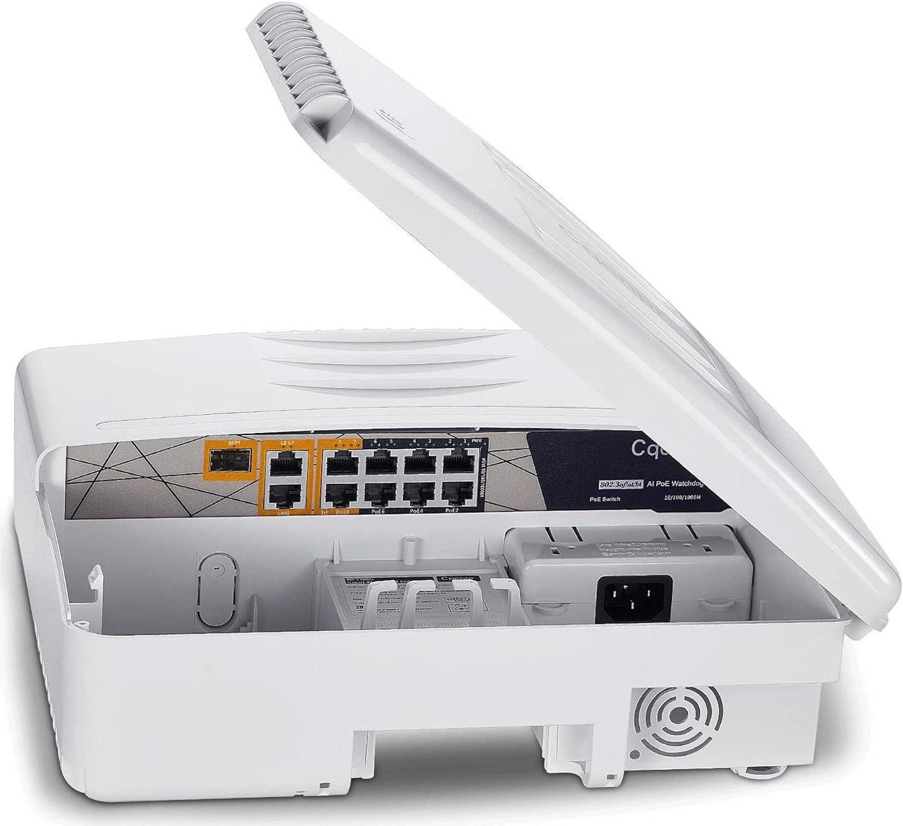 Main image of Outdoor Poe Switch with 8 Port Poe+2G Uplink+1SFP Slot, IEEE802.3af/at/bt, All-in-One Box, 60W PoE++, 120W High Power Output, Play & Plug, Fan-Less Unmanaged, AI Watchdog.