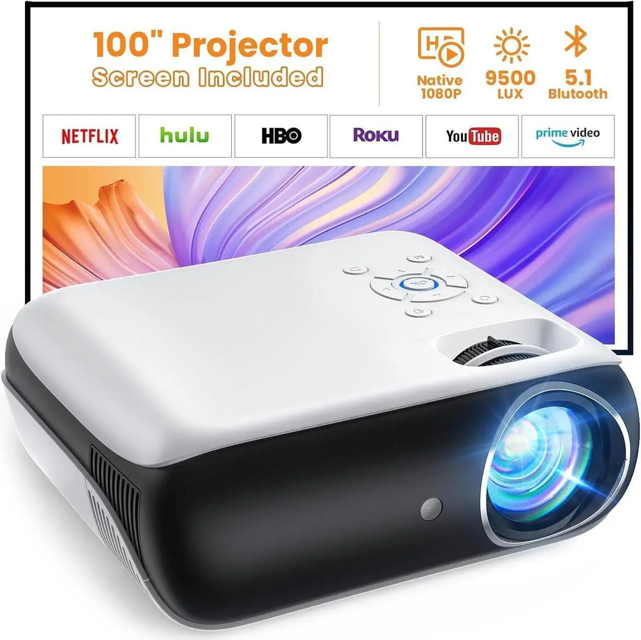 Main image of Projector Native 1080P Bluetooth Projector with 100''Screen, 9500L Portable Outdoor Movie Projector Compatible with Smartphone, HDMI,USB,AV,Fire Stick, PS5