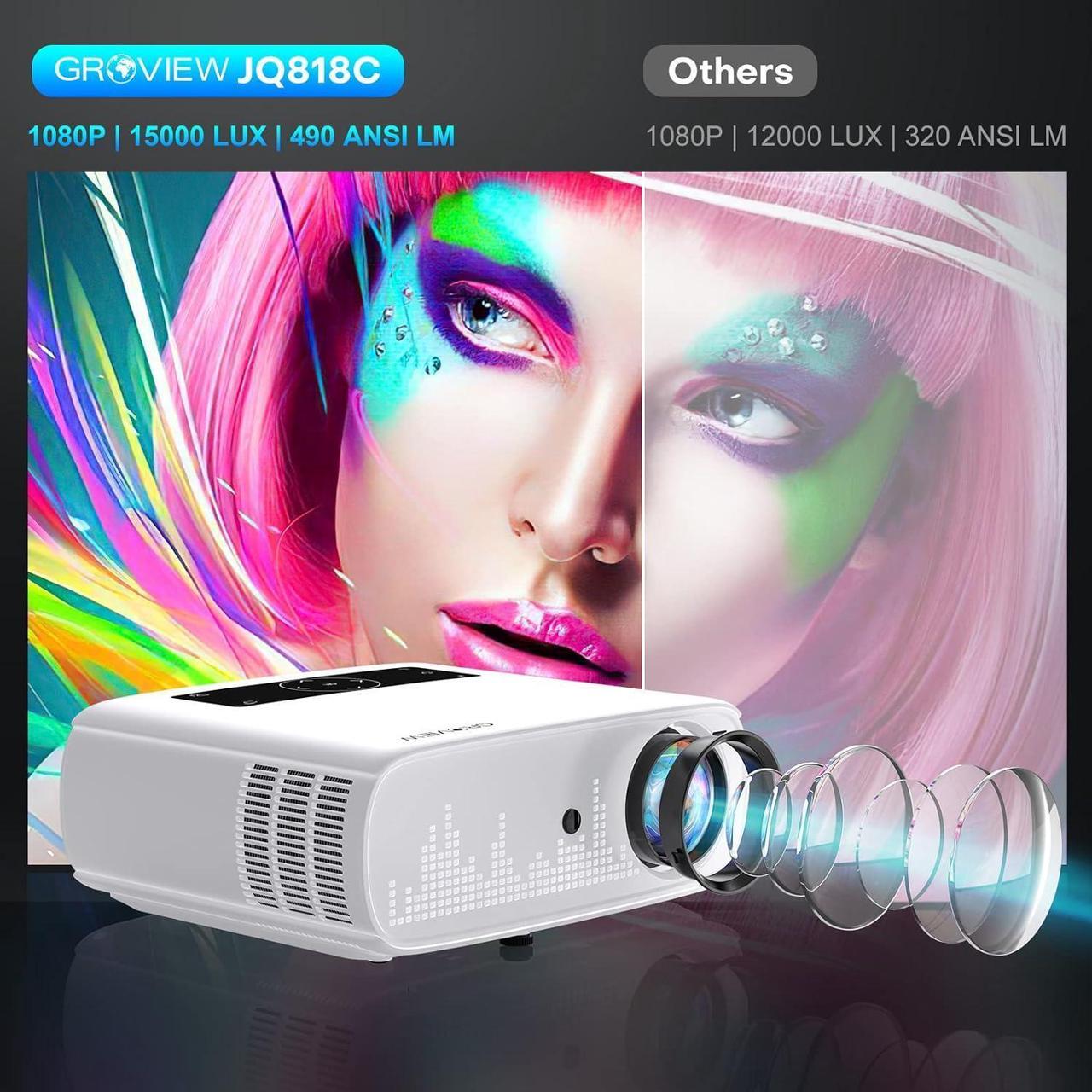 Alt view image 2 of 7 - Projector, 15000lux 490ANSI Native 1080P WiFi Bluetooth Projector, 300'' Video Projector, Supports 4K & Zoom, 5G Sync, Compatible with HDMI USB/ AV/ Smartphone/ Pad/ Laptop/ DVD/ TV Stick/ PS5