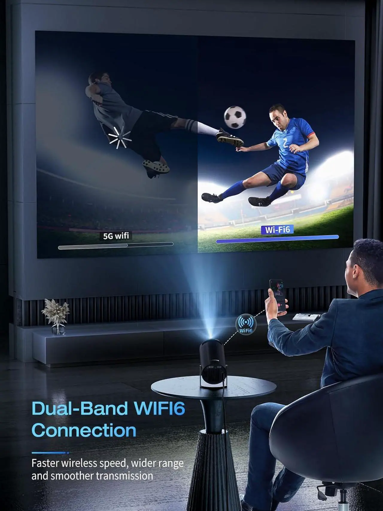Alt view image 5 of 7 - 4K Mini Projector with WiFi and Bluetooth, 180° Rotation & Auto Keystone, Full HD 1080P Supported, Portable HY300 Outdoor Movie Projector, Compatible with TV Stick/Windows/iOS/Android/HDMI/USB