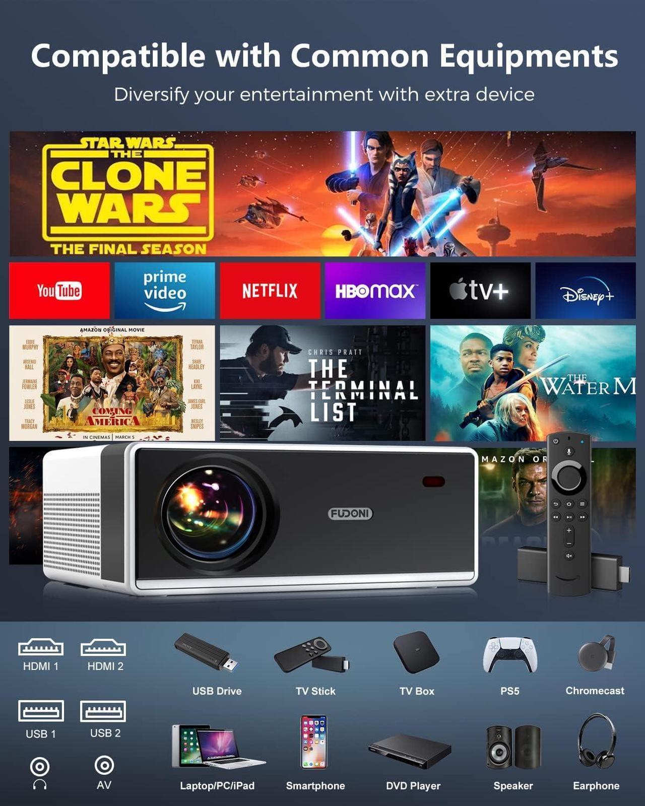 Alt view image 5 of 7 - 4K Support Projector with WiFi and Bluetooth, Outdoor Portable Mini Projector 15000L Full HD 1080P Max 300" Display Zoom,  Movie Video Projector Compatible with HDMI/USB/AV/Phone/Laptop/TV Stick