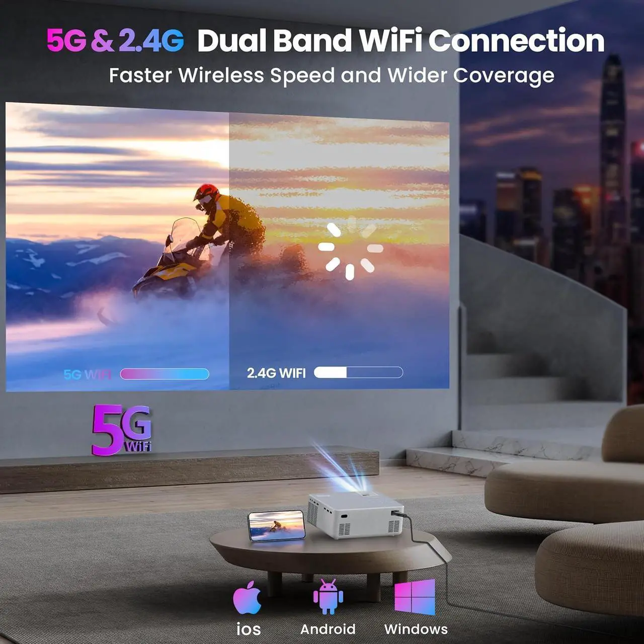 Alt view image 3 of 6 - 1080P HD Projector, WiFi Bluetooth Projectors, Max 230 Projection Screen Portable Home Theater Video Movie Proyector With Tripod, Compatible with HDMI, USB, Laptop, iOS & Android Phone
