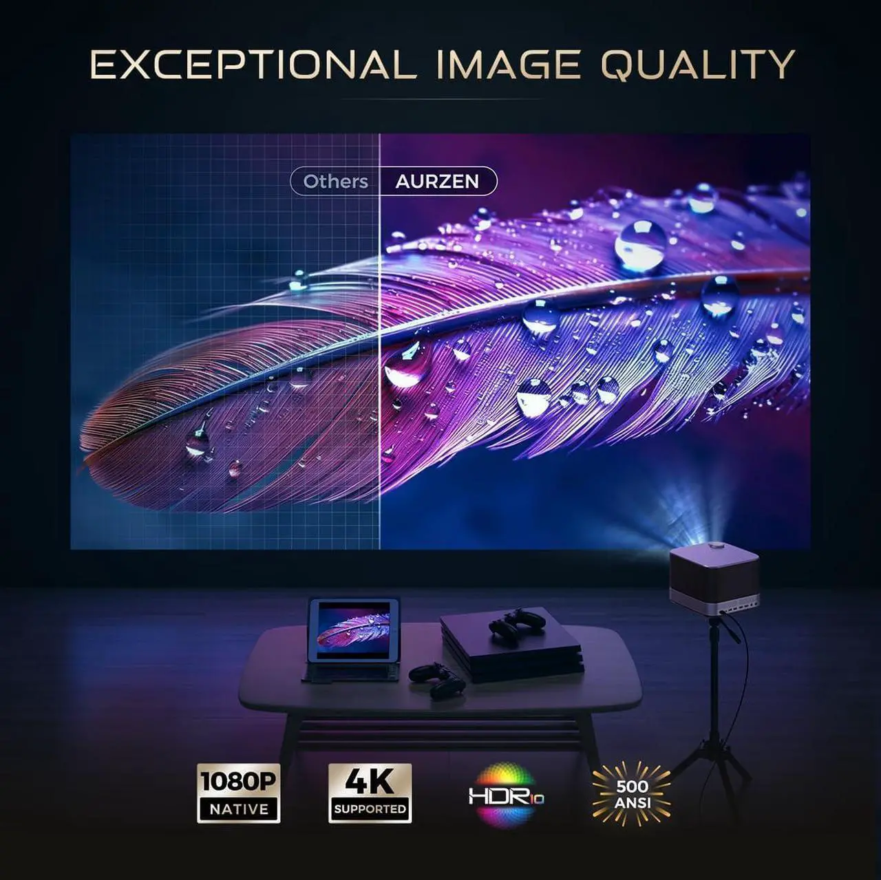 Alt view image 5 of 7 - All-in-One Projector 4K, AURZEN BOOM 3 Smart Projector with WiFi and Bluetooth, 3D Dolby Audio & 36W Speakers, AI Auto Focus & Keystone, Netflix Official 4K Supported 500 ANSI Home Outdoor proyector