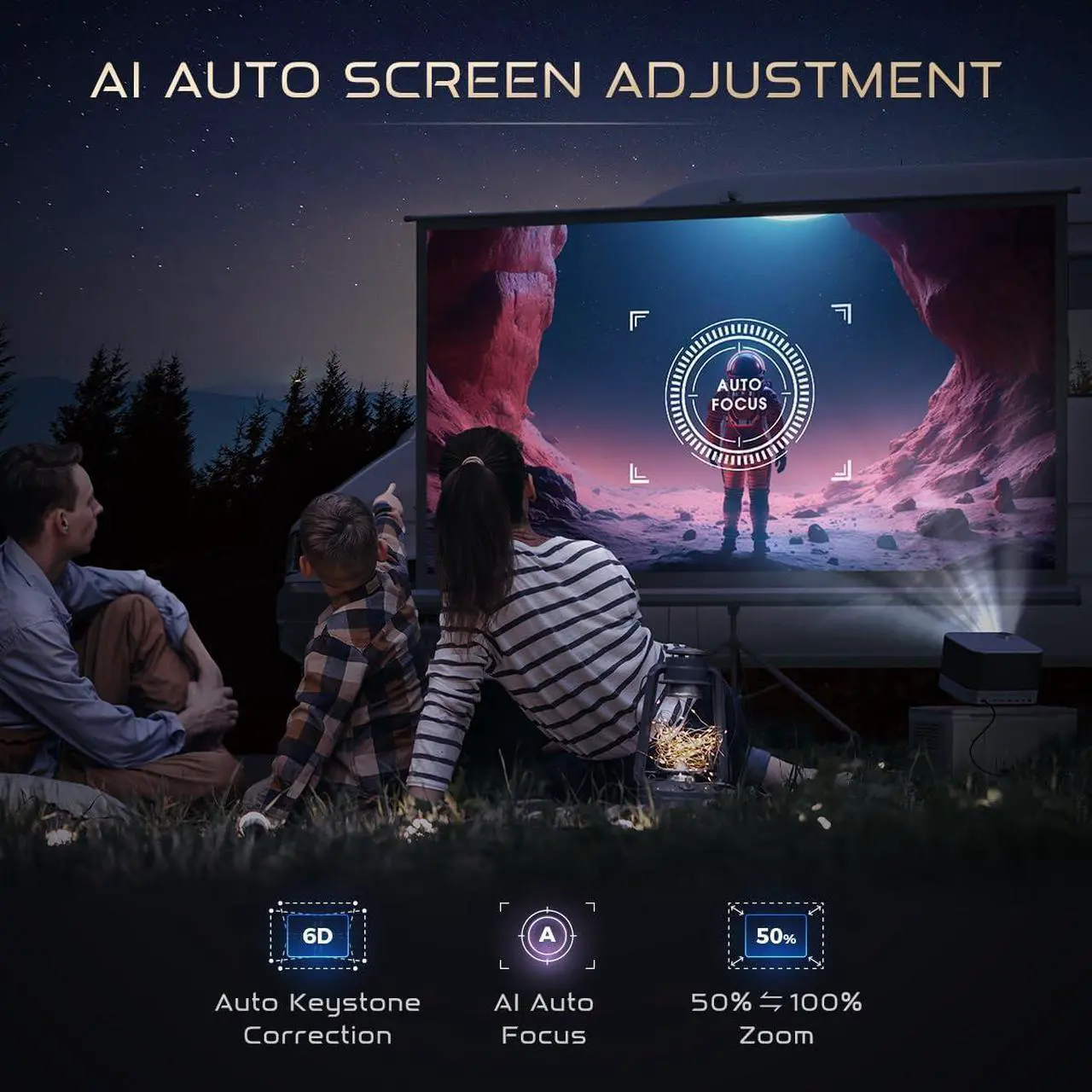 Alt view image 6 of 7 - All-in-One Projector 4K, AURZEN BOOM 3 Smart Projector with WiFi and Bluetooth, 3D Dolby Audio & 36W Speakers, AI Auto Focus & Keystone, Netflix Official 4K Supported 500 ANSI Home Outdoor proyector