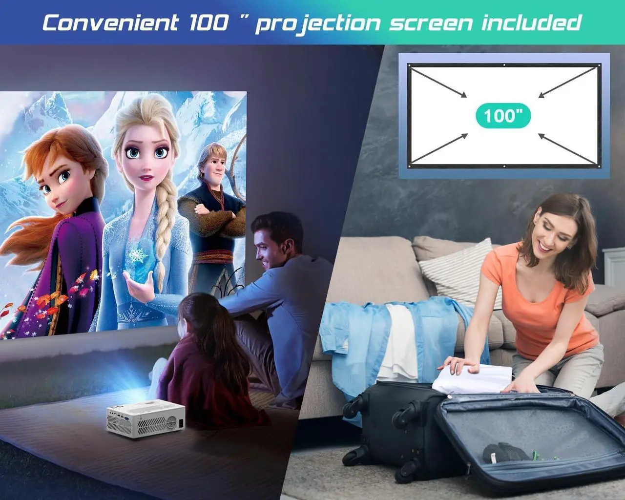 Alt view image 4 of 7 - Projector with WiFi and Bluetooth100" screen includedNative 1080P Outdoor Projector, 4K Supported Portable Projector, Compatible with iOS/Android/PC/TV Stick/HDMI/AV/USB, Indoor Outdoor Use