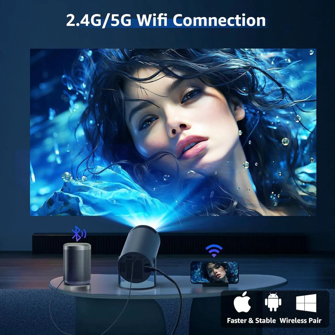 Alt view image 5 of 6 - aubor Mini Projector with Android TV 11.0, Support 1080P Smart Portable Projector with 5G WiFi and Bluetooth, 10000 LumenAuto Keystone Correction, Premium 360 Sound, 40"-130" Screen Video Projector