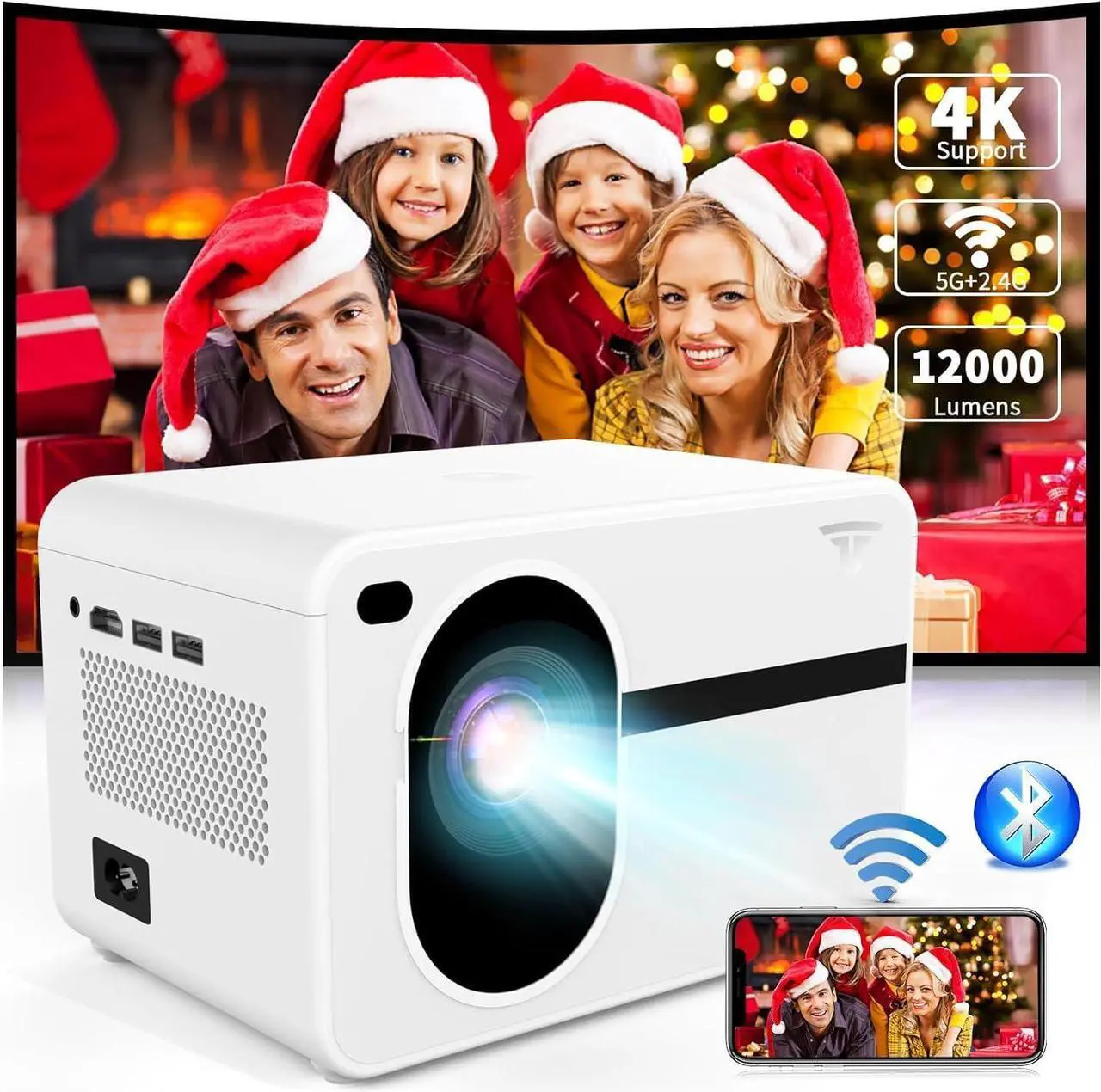 Main image of Projector with WiFi and Bluetooth, Wielio Native 1080P 12000L Outdoor Portable Mini Video Movie Projector, Proyector Compatible with iOS/Android/TV Stick/HDMI/USB/AV for Home Theater
