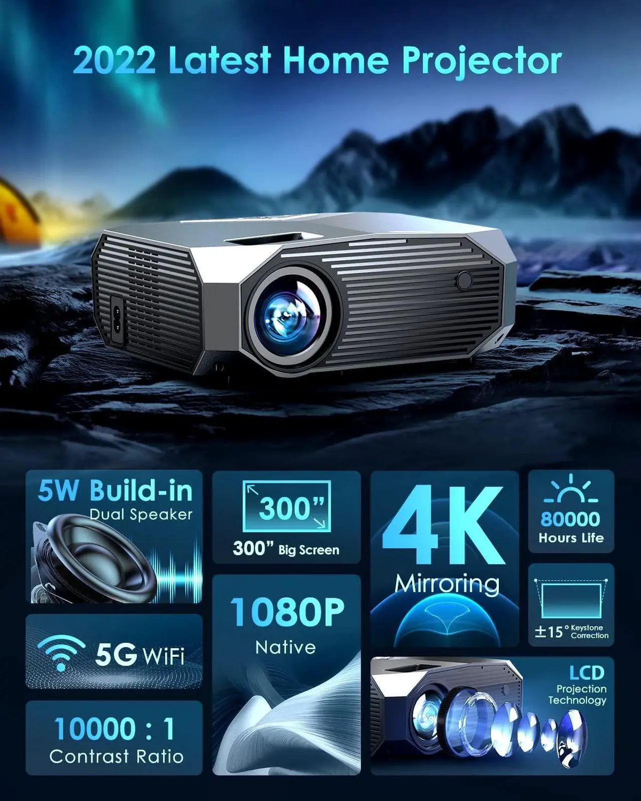 Alt view image 4 of 7 - Projector with 5G WiFi and Bluetooth, Native 1080P Outdoor Portable Video Projector Support 4K, Home Theater Movie Projector Compatible with HDMI, USB, Laptop, iOS & Android Phone