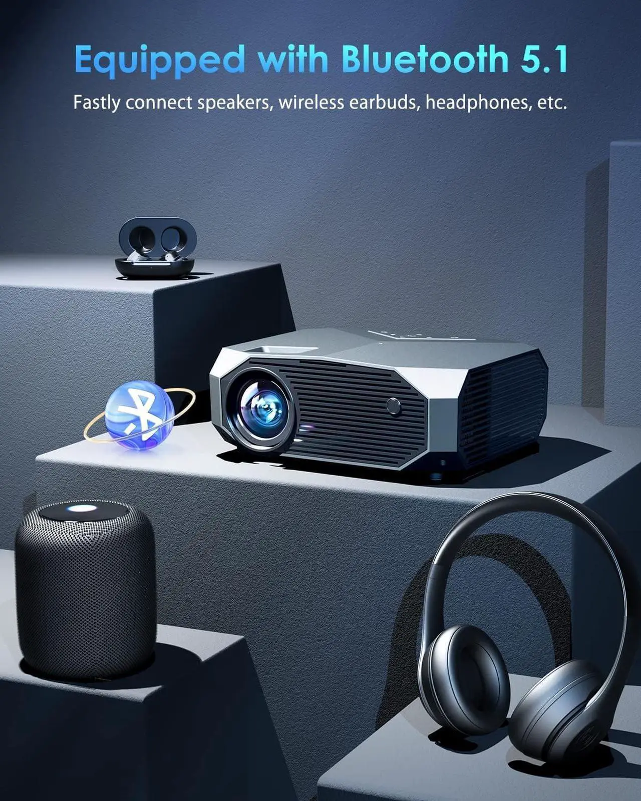 Alt view image 7 of 7 - Projector with 5G WiFi and Bluetooth, Native 1080P Outdoor Portable Video Projector Support 4K, Home Theater Movie Projector Compatible with HDMI, USB, Laptop, iOS & Android Phone