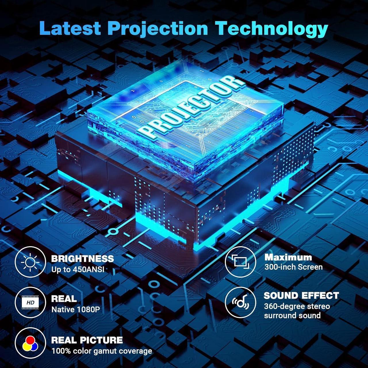 Alt view image 2 of 7 - Native 1080P Projector with 5G WiFi Bluetooth (with Tripod), 14000L 4K Supported Home Projector, Portable Outdoor Projector with Max 300" Display, Movie Projector Compatible with TV Stick, HDMI, Phone