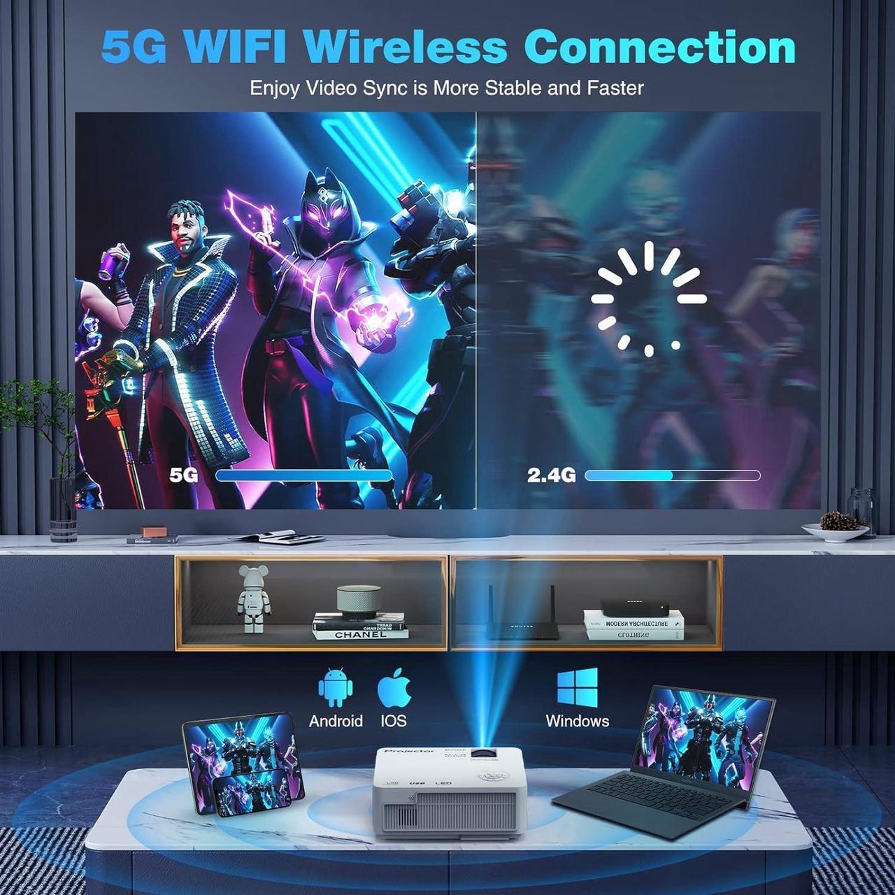 Alt view image 5 of 7 - Native 1080P Projector with 5G WiFi Bluetooth (with Tripod), 14000L 4K Supported Home Projector, Portable Outdoor Projector with Max 300" Display, Movie Projector Compatible with TV Stick, HDMI, Phone
