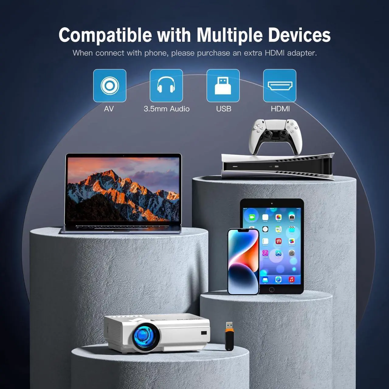 Alt view image 5 of 6 - Projector, XuanPad 2023 Upgraded Mini Projector, Video Projector HD 1080P Supported, Portable Home Projector Compatible with TV Stick, HDMI, USB, Laptop, iPhone, Android for Home Entertainment