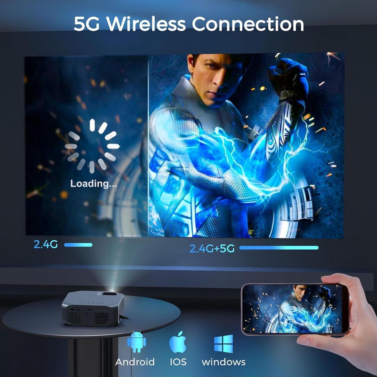 Alt view image 2 of 7 - Projector with 5G WiFi and Bluetooth, 12000L Outdoor Movie Projector Native 1080P 4k Supported, Portable Projector with Screen, Home Theater Projector for iOS/Android/TV Stick/Laptop/HDMI/USB