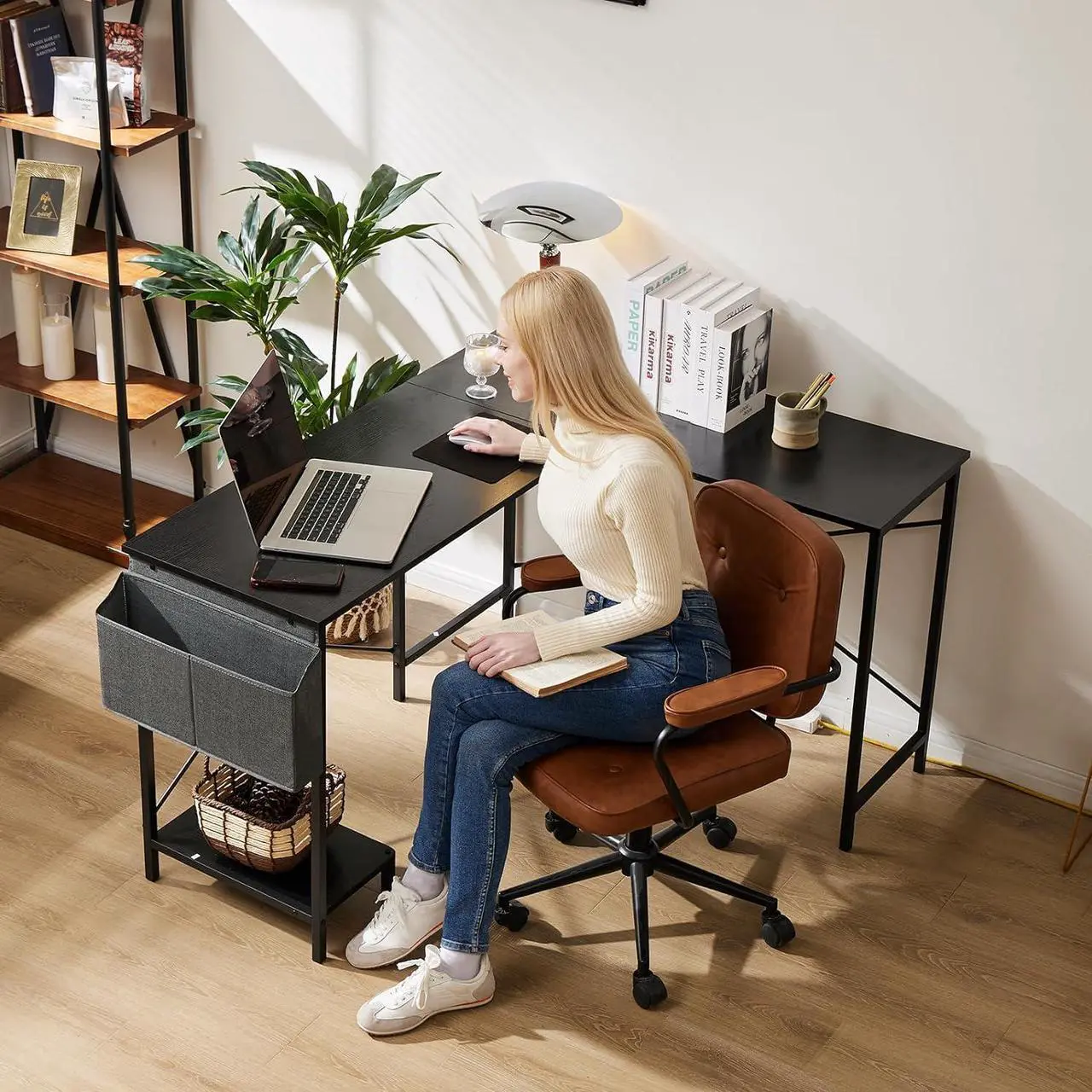 Alt view image 2 of 7 - Sweetcrispy L Shaped Computer Desk - Gaming Table Corner Desk 50 Inch PC Writing Black Desk Study Desks with Wooden Desktop CPU Stand Side Bag Reversible for Home Office Dorm Small Space