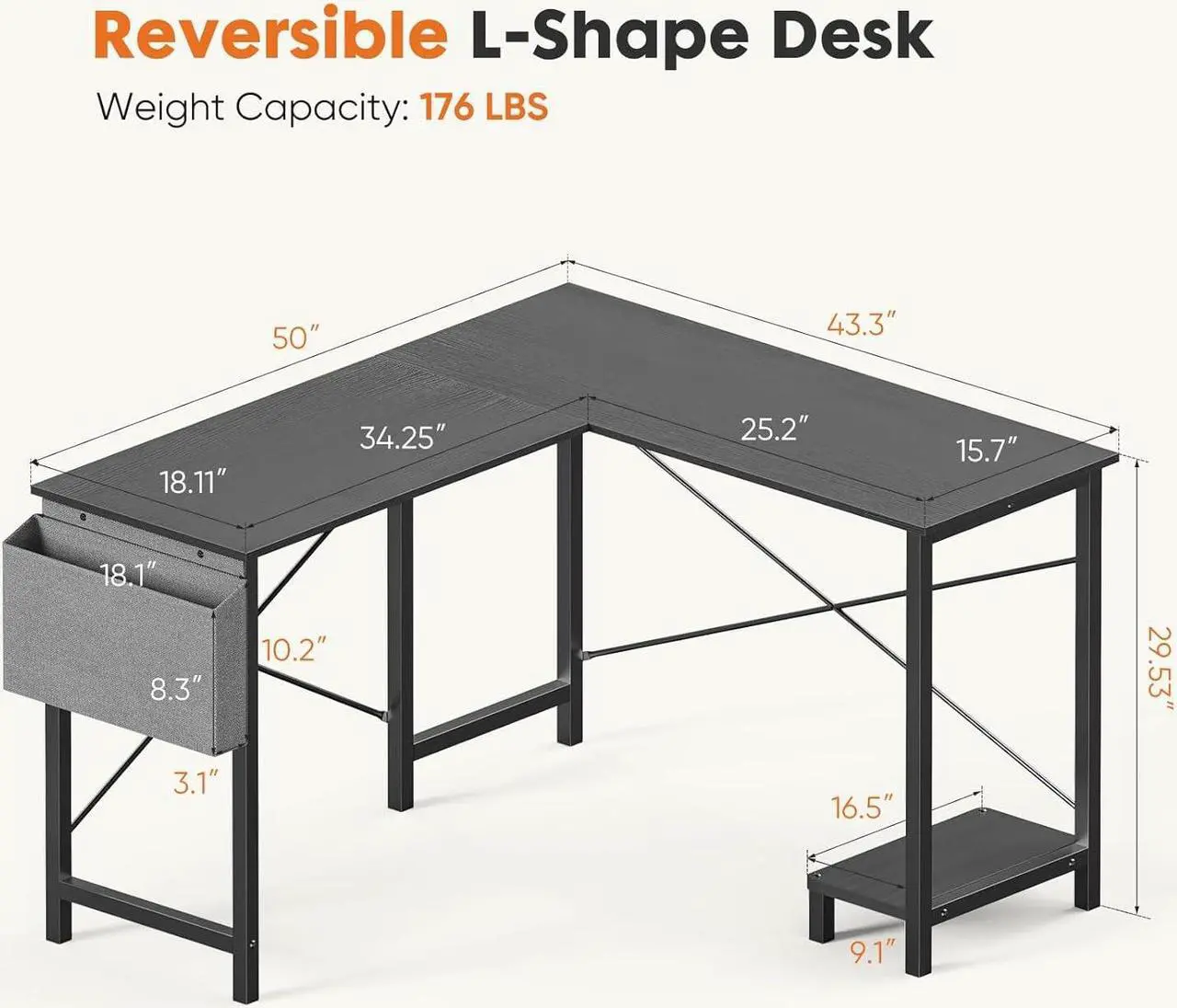 Alt view image 3 of 7 - Sweetcrispy L Shaped Computer Desk - Gaming Table Corner Desk 50 Inch PC Writing Black Desk Study Desks with Wooden Desktop CPU Stand Side Bag Reversible for Home Office Dorm Small Space