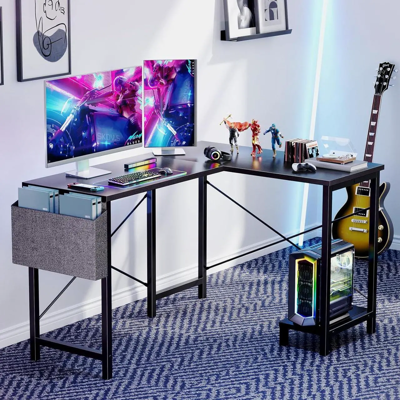Alt view image 4 of 7 - Sweetcrispy L Shaped Computer Desk - Gaming Table Corner Desk 50 Inch PC Writing Black Desk Study Desks with Wooden Desktop CPU Stand Side Bag Reversible for Home Office Dorm Small Space