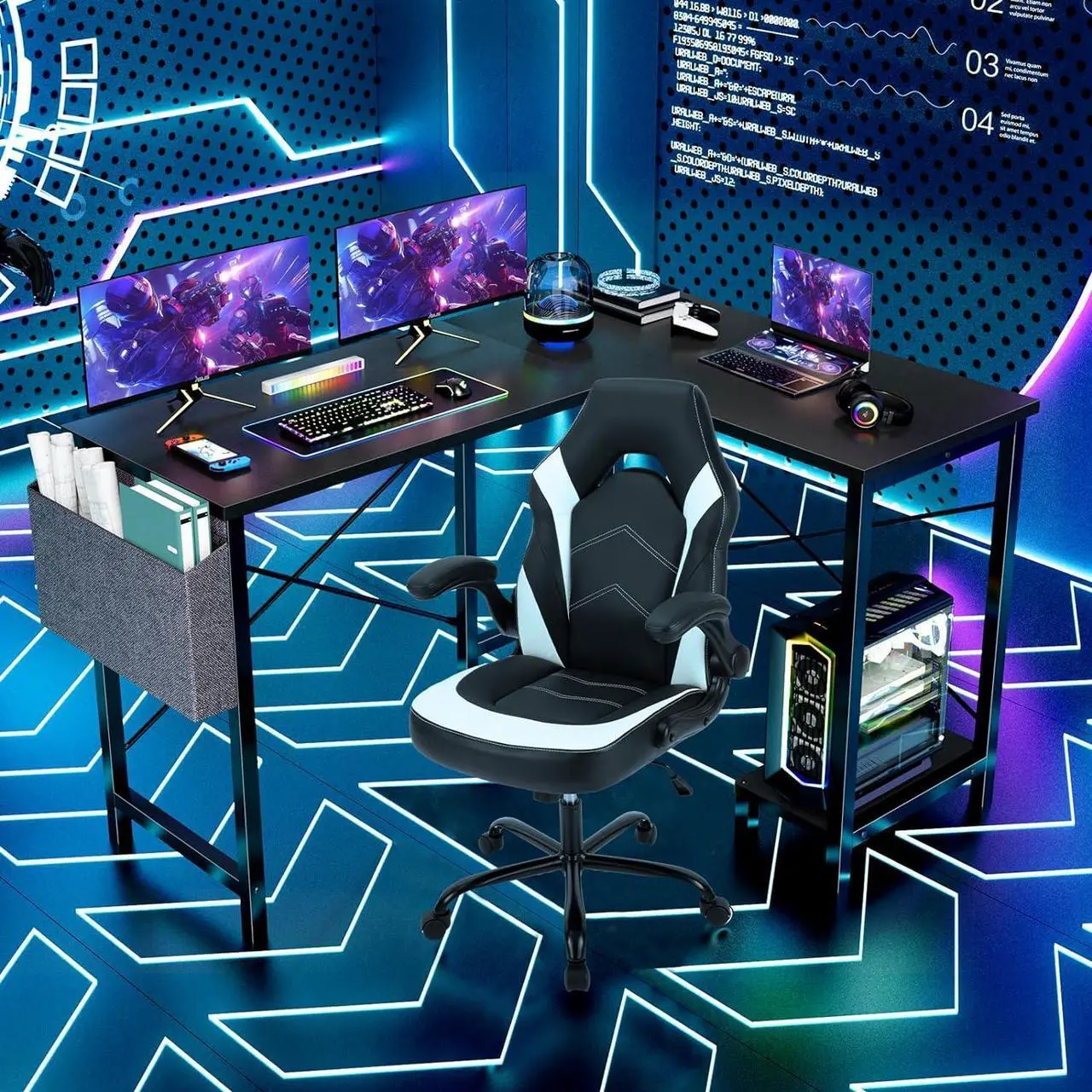 Alt view image 6 of 7 - Sweetcrispy L Shaped Computer Desk - Gaming Table Corner Desk 50 Inch PC Writing Black Desk Study Desks with Wooden Desktop CPU Stand Side Bag Reversible for Home Office Dorm Small Space