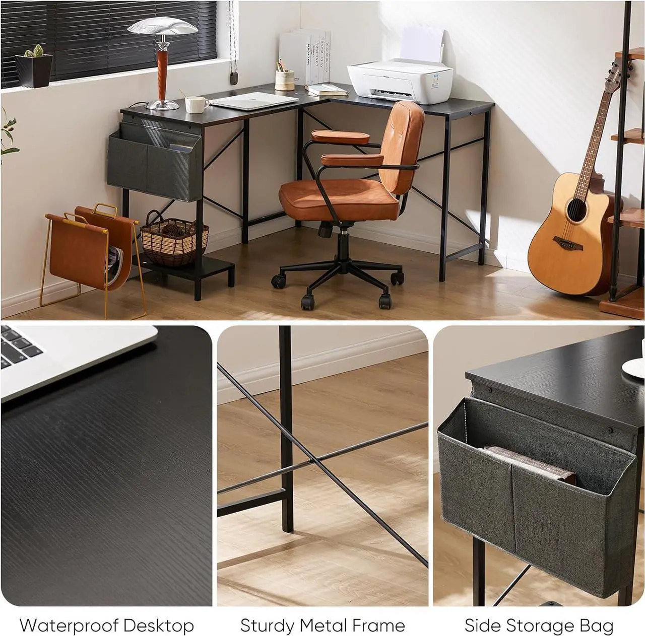 Alt view image 7 of 7 - Sweetcrispy L Shaped Computer Desk - Gaming Table Corner Desk 50 Inch PC Writing Black Desk Study Desks with Wooden Desktop CPU Stand Side Bag Reversible for Home Office Dorm Small Space