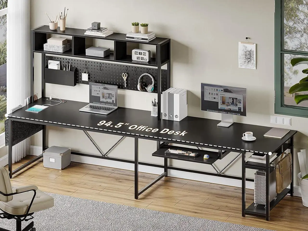 Alt view image 2 of 7 - L Shaped Gaming Desk, Reversible Computer Desk with Power Outlet and Pegboard, Gaming Desk with Led Lights, Keyboard Tray and Storage Bag for Home Office, Black