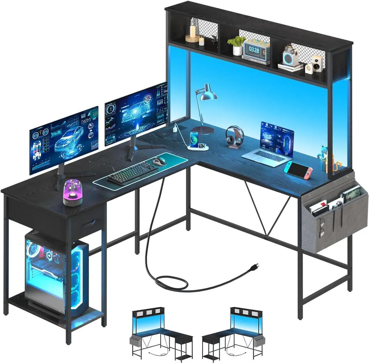 Main image of L Shaped Desk Gaming Desk with LED Strip & Power Outlet, Reversible L-Shaped Computer Desk with Storage Shelf & Drawer, Corner Desk with Storage Bag, 2 Person Home Office Desk, Black