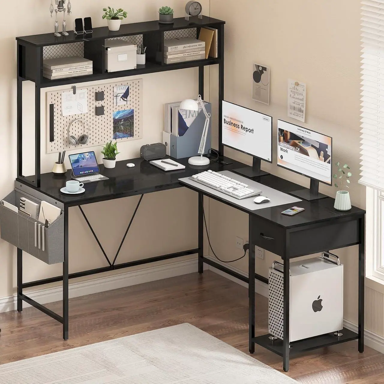 Alt view image 2 of 7 - L Shaped Desk Gaming Desk with LED Strip & Power Outlet, Reversible L-Shaped Computer Desk with Storage Shelf & Drawer, Corner Desk with Storage Bag, 2 Person Home Office Desk, Black