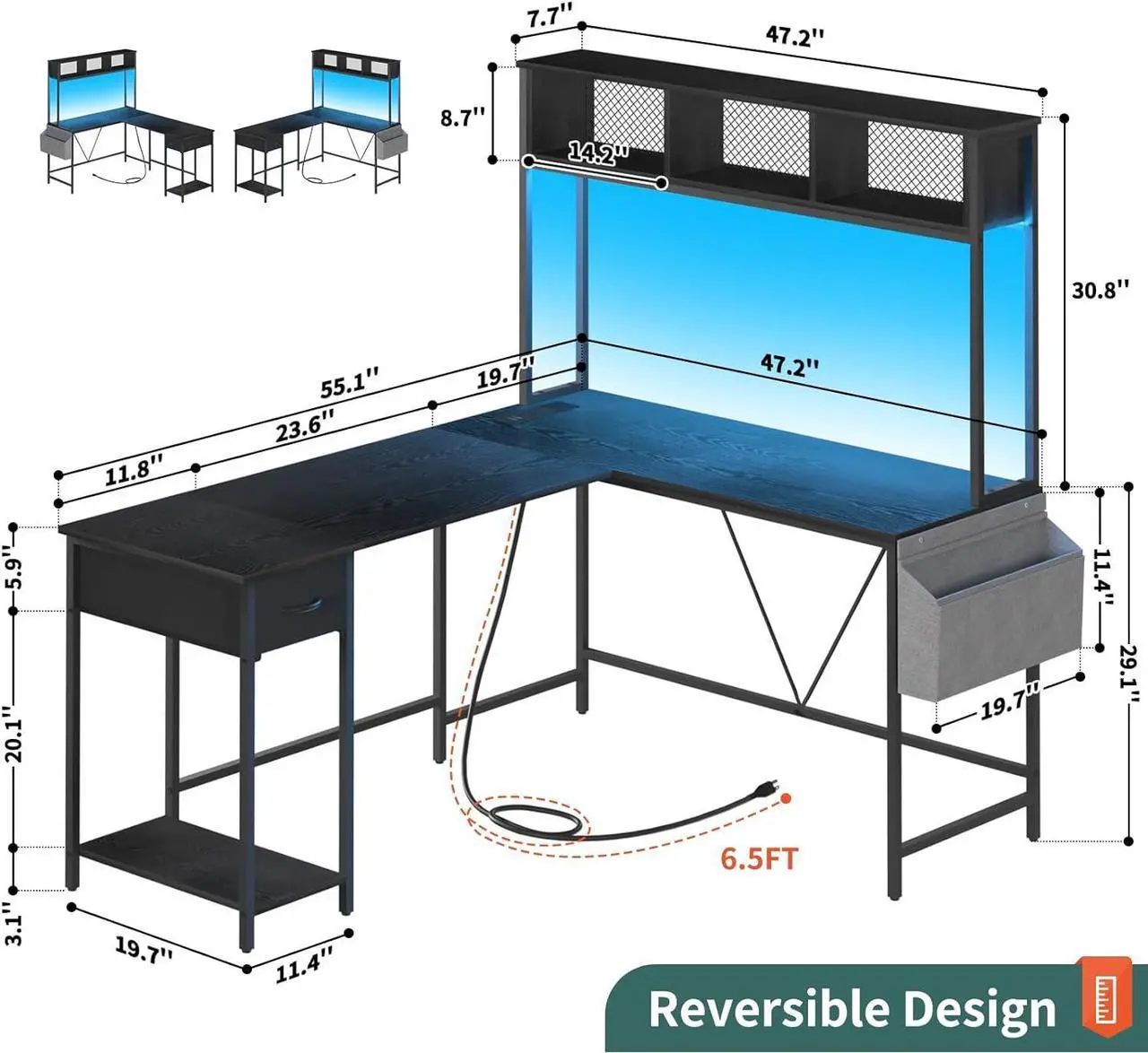 Alt view image 3 of 7 - L Shaped Desk Gaming Desk with LED Strip & Power Outlet, Reversible L-Shaped Computer Desk with Storage Shelf & Drawer, Corner Desk with Storage Bag, 2 Person Home Office Desk, Black