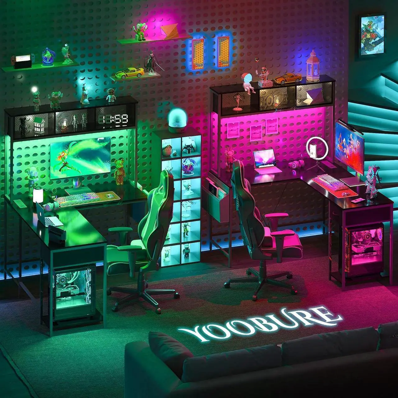 Alt view image 5 of 7 - L Shaped Desk Gaming Desk with LED Strip & Power Outlet, Reversible L-Shaped Computer Desk with Storage Shelf & Drawer, Corner Desk with Storage Bag, 2 Person Home Office Desk, Black