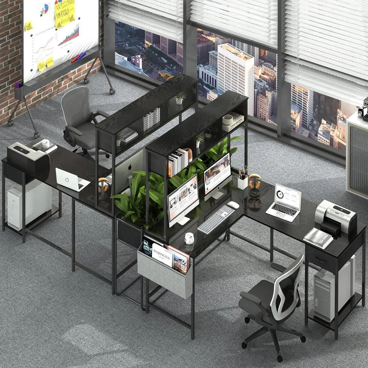 Alt view image 6 of 7 - L Shaped Desk Gaming Desk with LED Strip & Power Outlet, Reversible L-Shaped Computer Desk with Storage Shelf & Drawer, Corner Desk with Storage Bag, 2 Person Home Office Desk, Black