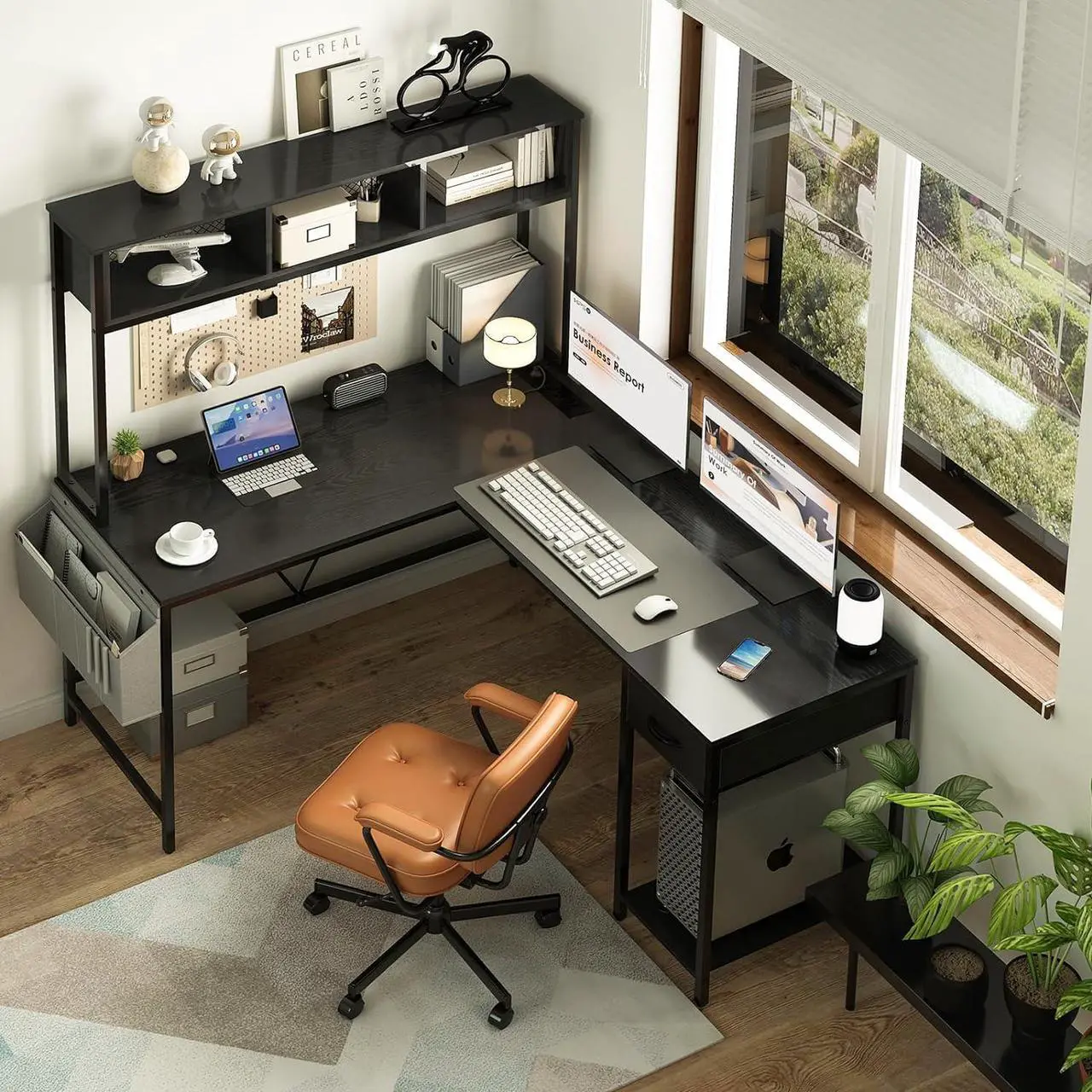 Alt view image 7 of 7 - L Shaped Desk Gaming Desk with LED Strip & Power Outlet, Reversible L-Shaped Computer Desk with Storage Shelf & Drawer, Corner Desk with Storage Bag, 2 Person Home Office Desk, Black