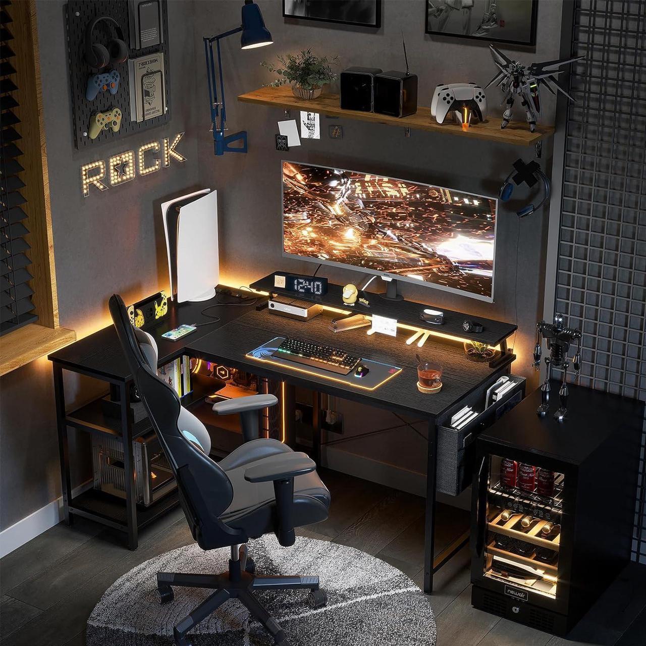 Alt view image 7 of 7 - 48 Inch Gaming Desk with USB Charging Ports and LED Lights, Reversible L Shaped Computer Desk with Storage Shelves & Monitor Stand, Corner Gamer Desk Table with Power Outlets, Black