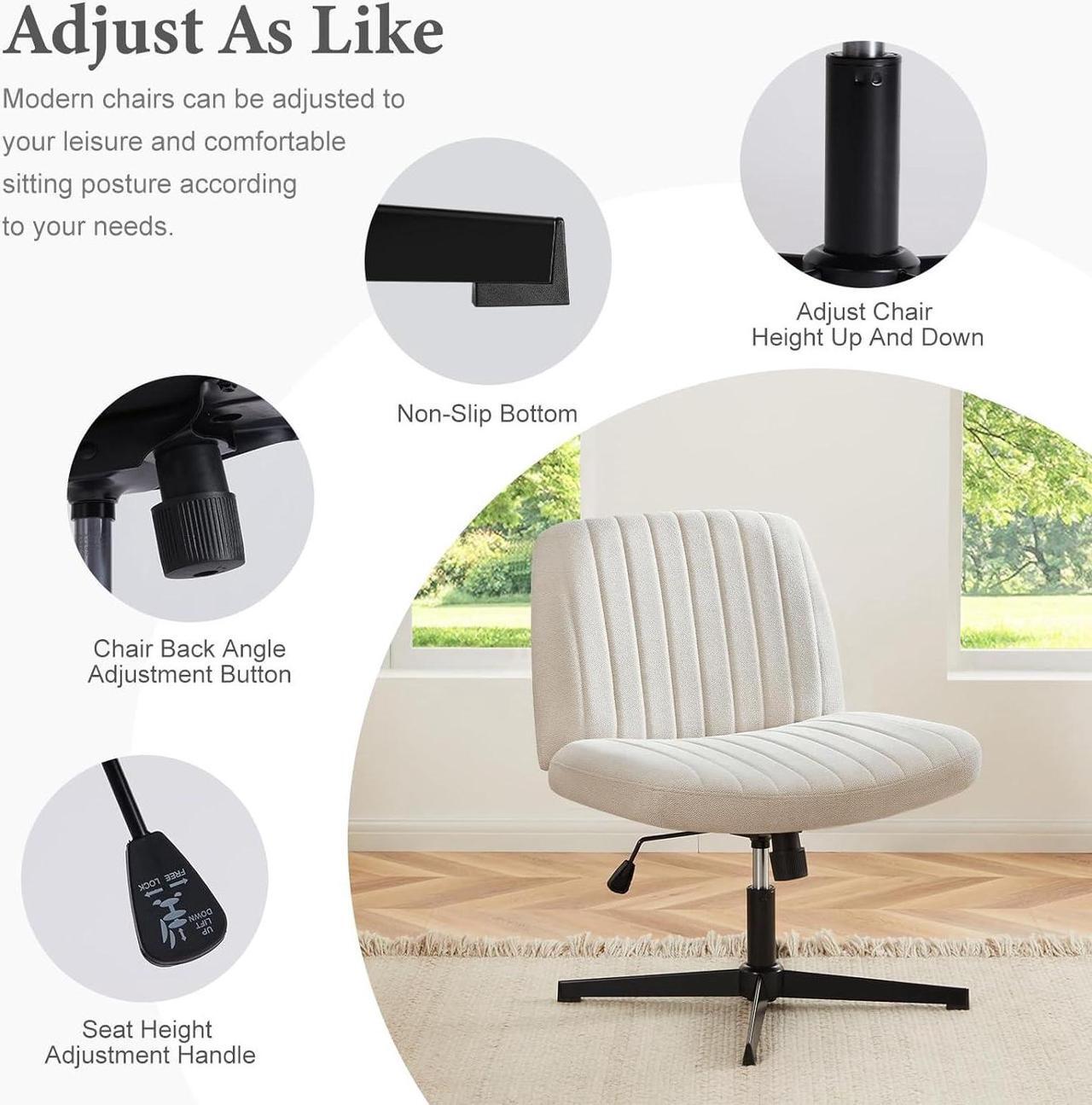 Alt view image 3 of 6 - Criss Cross Chair Legged, Armless Office Desk Chair No Wheels, Swivel Vanity Chair, Height Adjustable Wide Seat Computer Task Chair, Fabric Vanity Modern Home Chair Beige