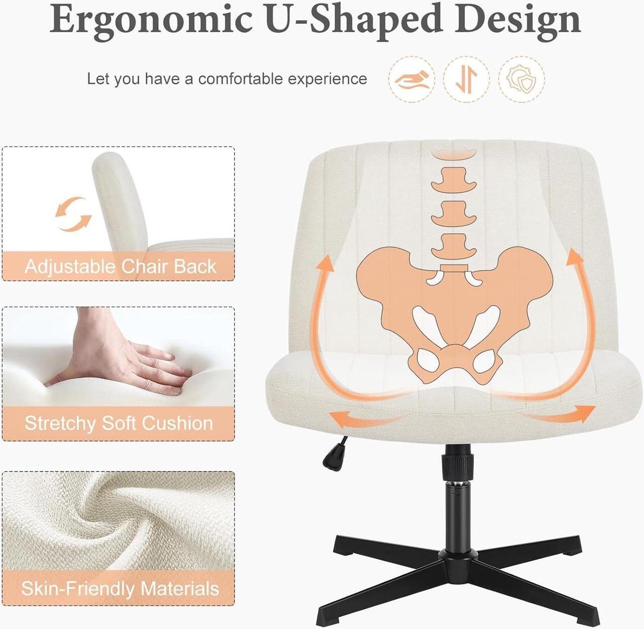 Alt view image 4 of 6 - Criss Cross Chair Legged, Armless Office Desk Chair No Wheels, Swivel Vanity Chair, Height Adjustable Wide Seat Computer Task Chair, Fabric Vanity Modern Home Chair Beige
