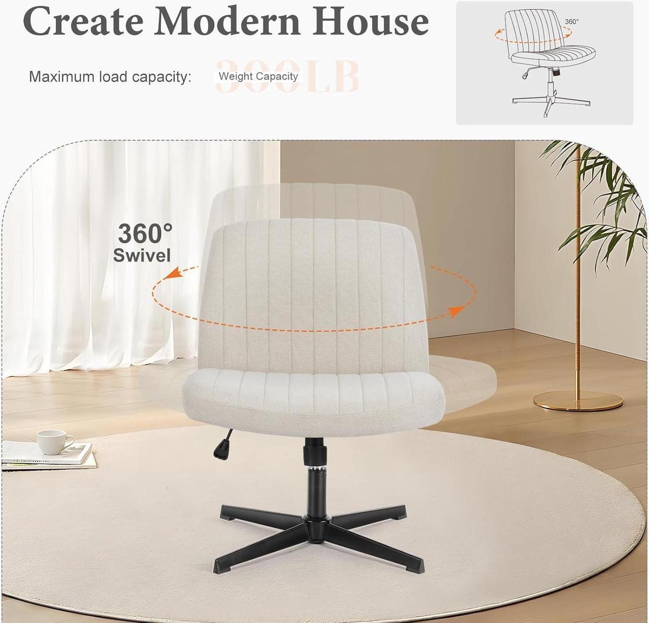 Alt view image 5 of 6 - Criss Cross Chair Legged, Armless Office Desk Chair No Wheels, Swivel Vanity Chair, Height Adjustable Wide Seat Computer Task Chair, Fabric Vanity Modern Home Chair Beige