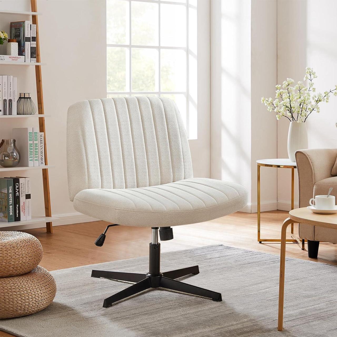 Alt view image 6 of 6 - Criss Cross Chair Legged, Armless Office Desk Chair No Wheels, Swivel Vanity Chair, Height Adjustable Wide Seat Computer Task Chair, Fabric Vanity Modern Home Chair Beige