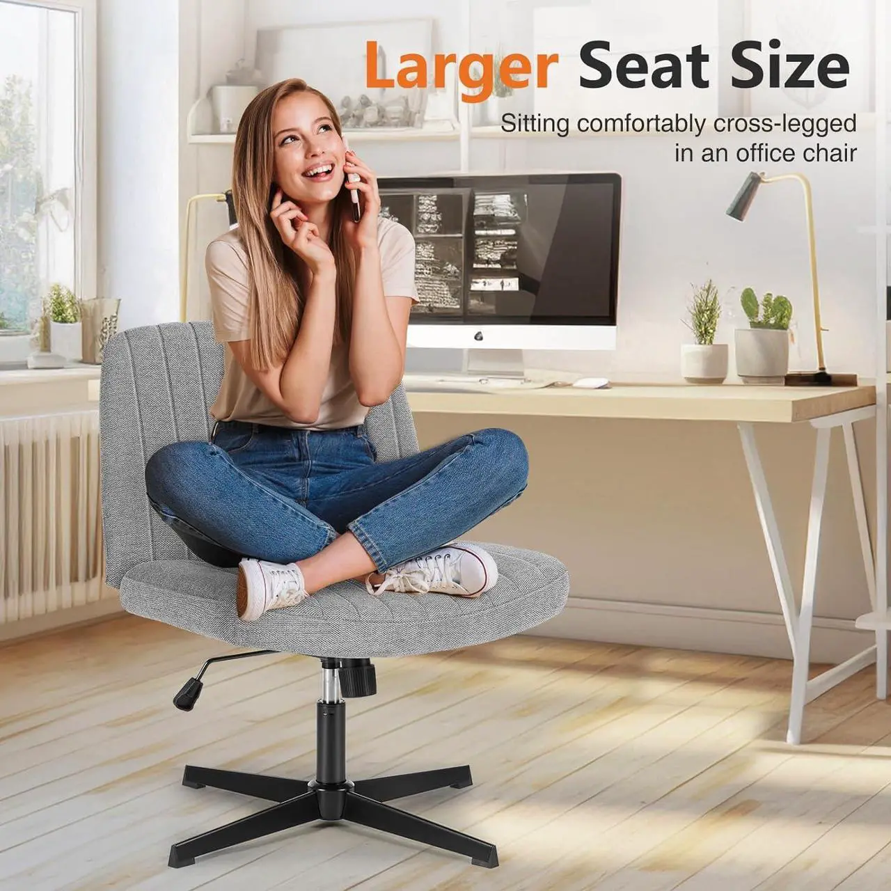 Alt view image 3 of 7 - Office Chair No Wheels - Armless Desk Chair No Wheels Cross Legged Office Chair Wide Swivel Home Office Desk Chairs
