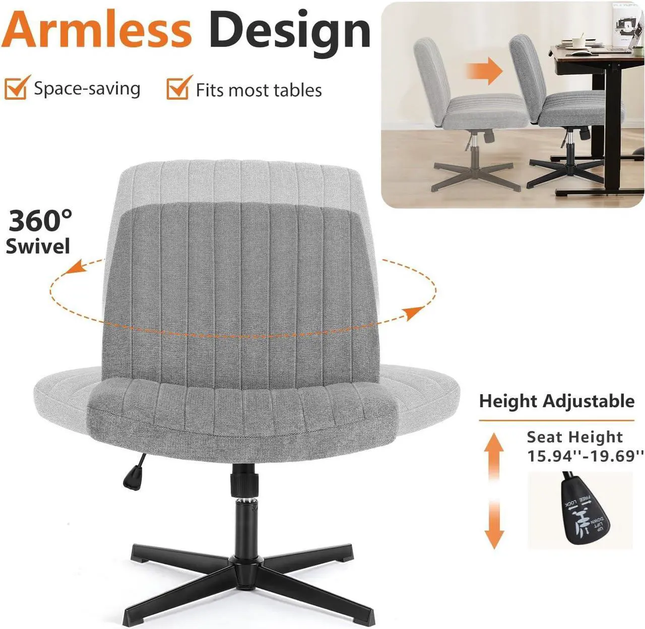 Alt view image 7 of 7 - Office Chair No Wheels - Armless Desk Chair No Wheels Cross Legged Office Chair Wide Swivel Home Office Desk Chairs