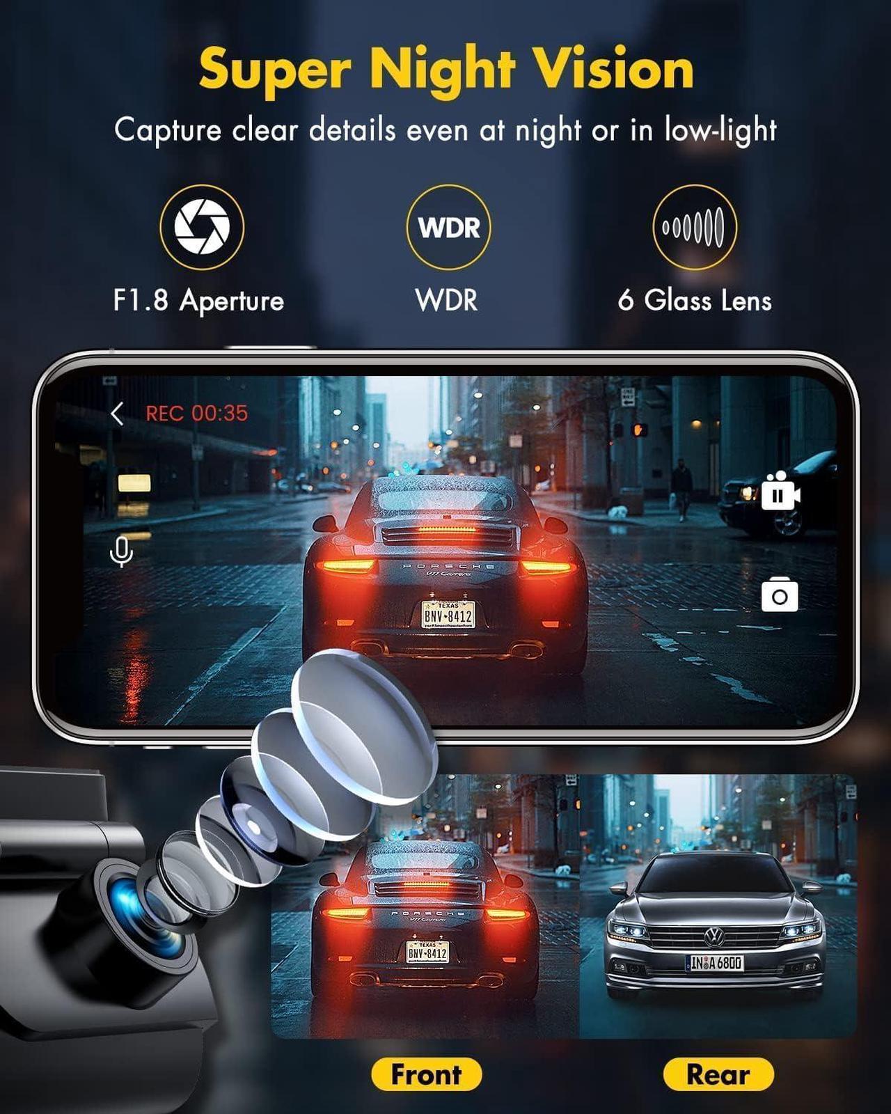 Alt view image 6 of 7 - Dash Cam Front and Rear Camera, 4K/2.5K Full Dashcams for Cars with 64GB SD Card, WiFi & App Control, Night Vision, Parking Mode, G-Sensor, Loop Recording,WDR,170° Wide Angle