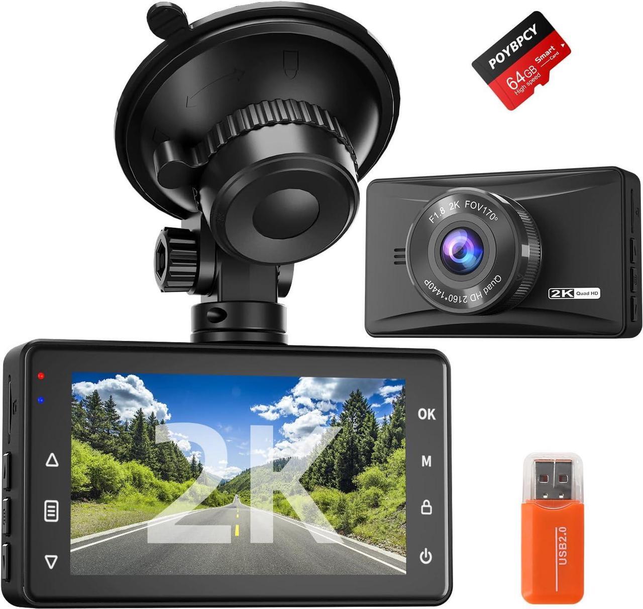 Main image of Dash Cam Front 2K with Free 64 GB SD Card 1440P Quad HD Dash Camera for Cars 3'' IPS Screen Dashboard Driving Recorder with Superb Night Vision,170° Wide Angle,G-Sensor,WDR,Loop Record,Park Mode,USB C