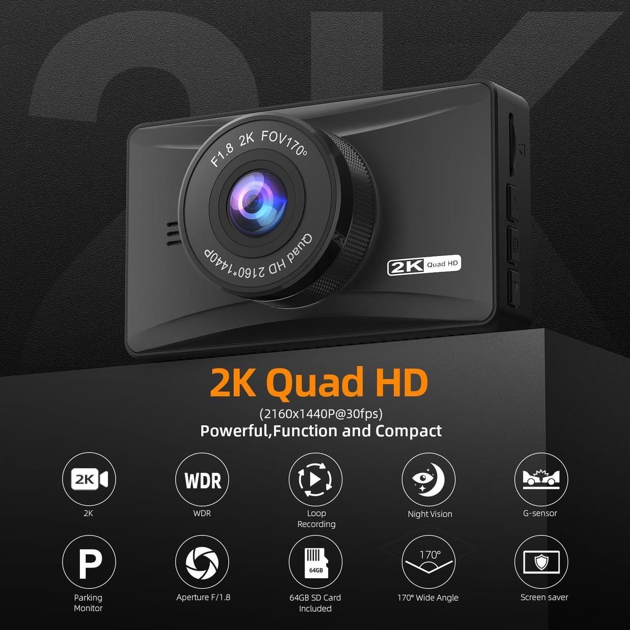 Alt view image 2 of 7 - Dash Cam Front 2K with Free 64 GB SD Card 1440P Quad HD Dash Camera for Cars 3'' IPS Screen Dashboard Driving Recorder with Superb Night Vision,170° Wide Angle,G-Sensor,WDR,Loop Record,Park Mode,USB C