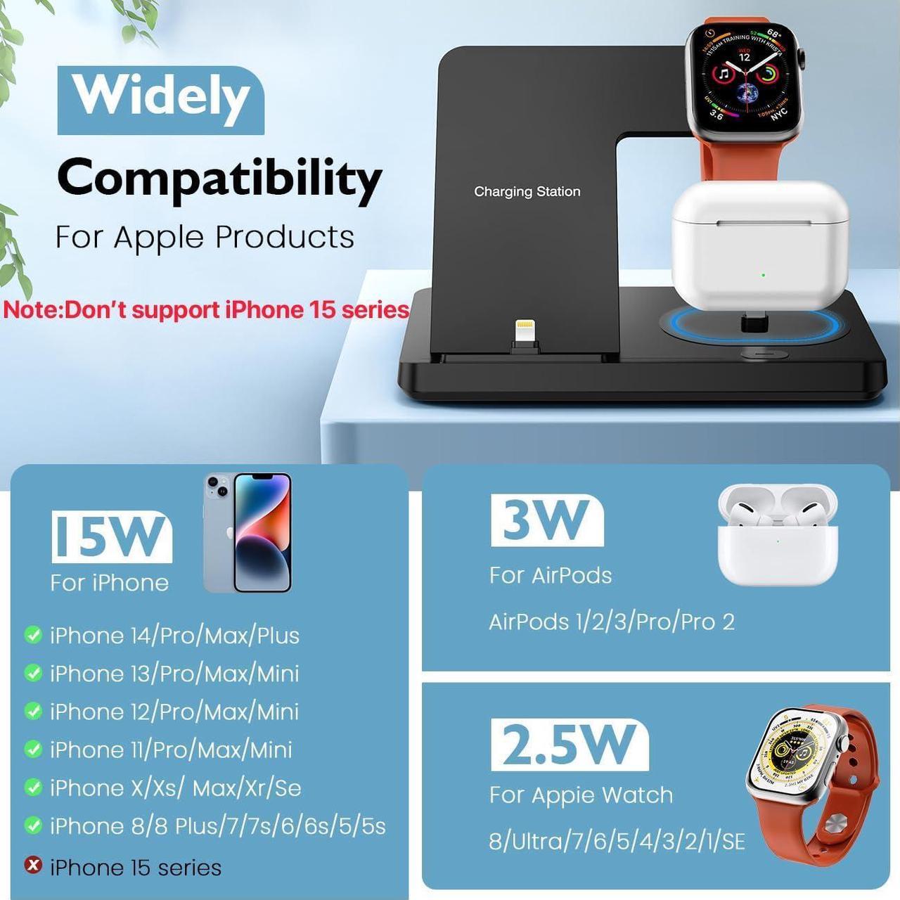 Alt view image 3 of 6 - Charging Station for iPhone Multiple Devices, Foldable 3 in 1 Fast Charging Stand Dock for AirPods & iPhone 14 13 12 11 Pro X Max XS XR 8 7 Plus 6s, Apple Watch Charger for Apple Watch with Adapter