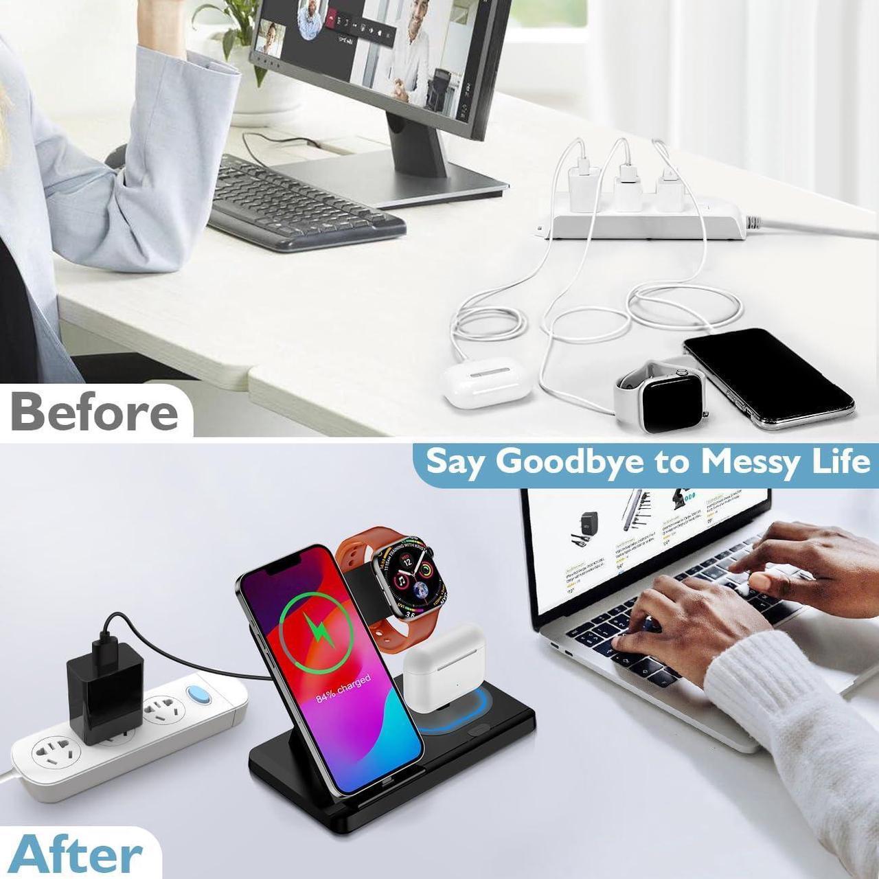 Alt view image 4 of 6 - Charging Station for iPhone Multiple Devices, Foldable 3 in 1 Fast Charging Stand Dock for AirPods & iPhone 14 13 12 11 Pro X Max XS XR 8 7 Plus 6s, Apple Watch Charger for Apple Watch with Adapter