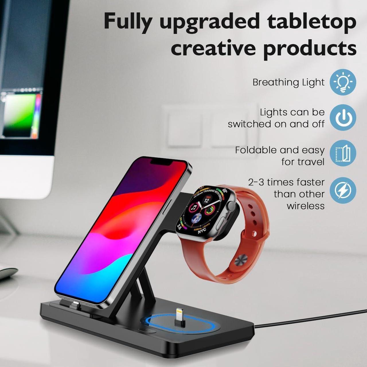 Alt view image 5 of 6 - Charging Station for iPhone Multiple Devices, Foldable 3 in 1 Fast Charging Stand Dock for AirPods & iPhone 14 13 12 11 Pro X Max XS XR 8 7 Plus 6s, Apple Watch Charger for Apple Watch with Adapter
