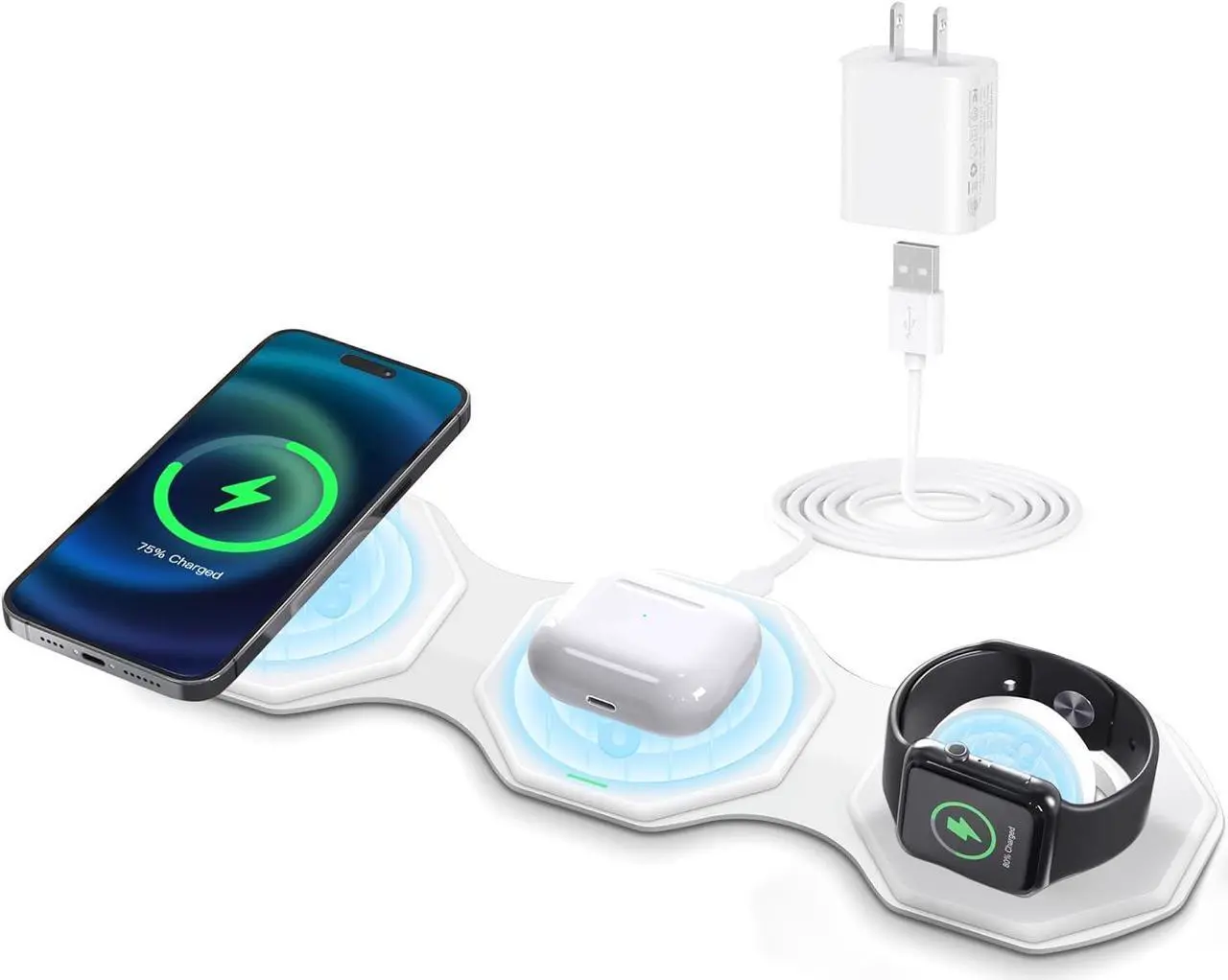 Main image of 3 in 1 Wireless Charger for iPhone MagSafe Foldable - Magnetic Travel 18W Fast Charging Station Soft Silicone Sleep-Friendly Portable Charger Stand for iPhone 15/14/13/12 Apple Watch AirPods Pro Qi