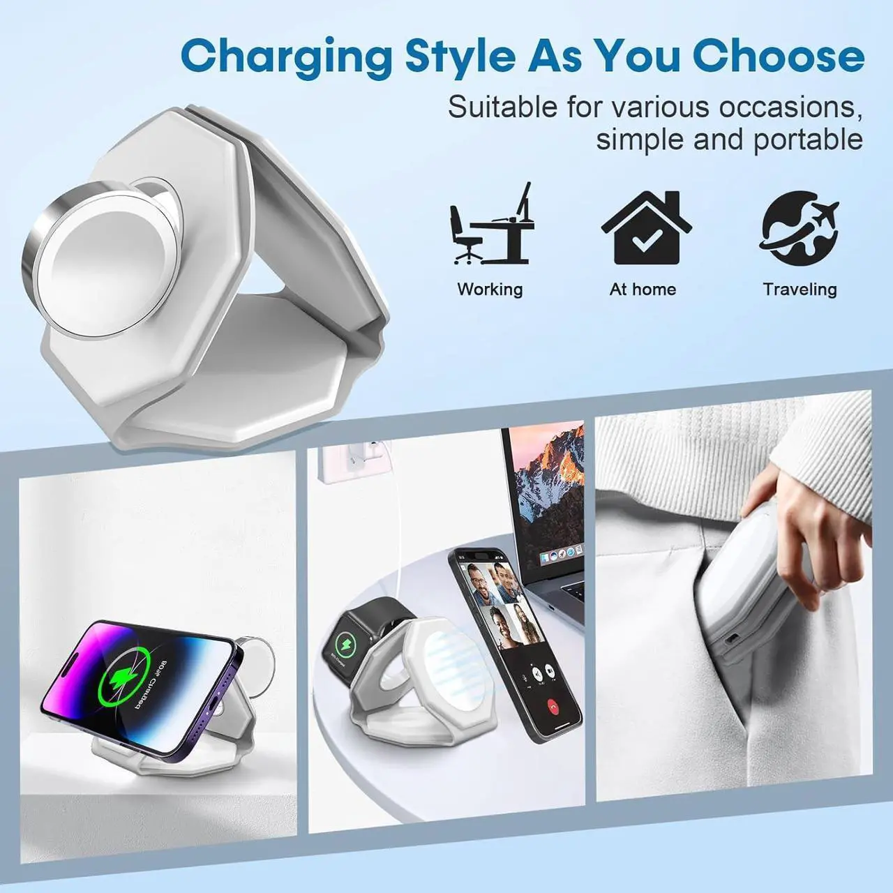 Alt view image 7 of 7 - 3 in 1 Wireless Charger for iPhone MagSafe Foldable - Magnetic Travel 18W Fast Charging Station Soft Silicone Sleep-Friendly Portable Charger Stand for iPhone 15/14/13/12 Apple Watch AirPods Pro Qi