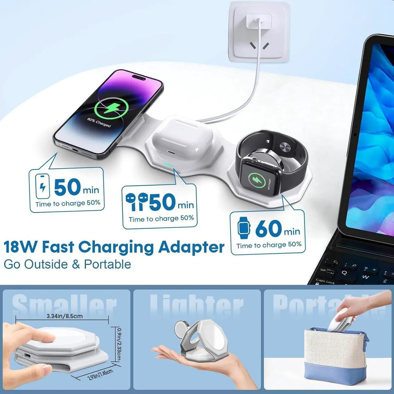 Alt view image 6 of 7 - 3 in 1 Wireless Charger for iPhone MagSafe Foldable - Magnetic Travel 18W Fast Charging Station Soft Silicone Sleep-Friendly Portable Charger Stand for iPhone 15/14/13/12 Apple Watch AirPods Pro Qi